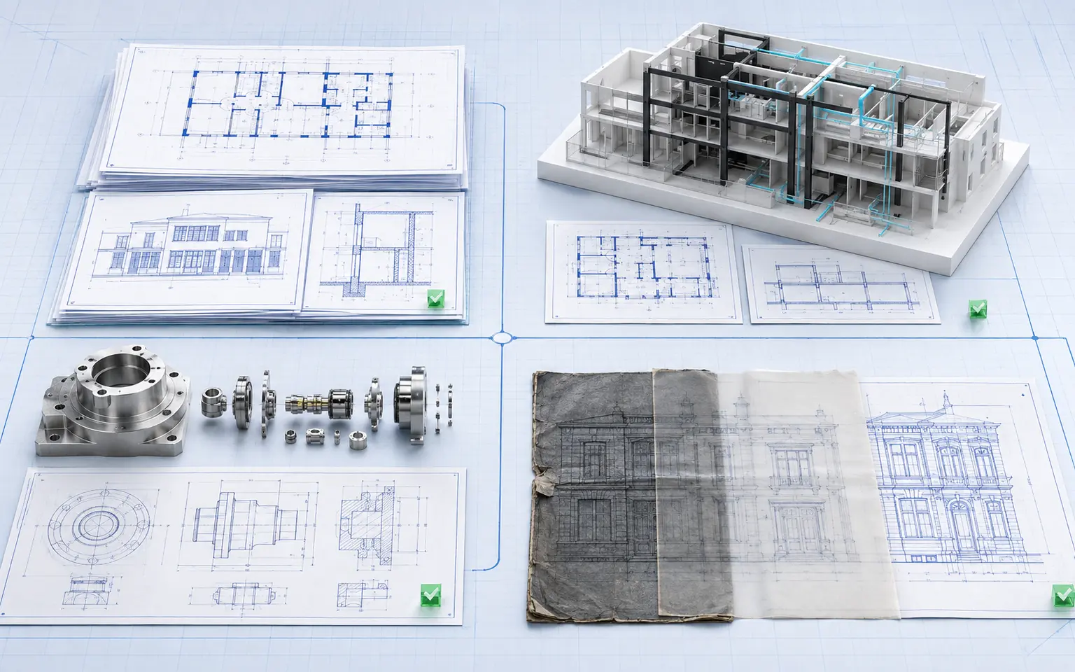 Architectural CAD sheets, a BIM cutaway, a mechanical assembly and a drawing-conversion sample presented by software platform