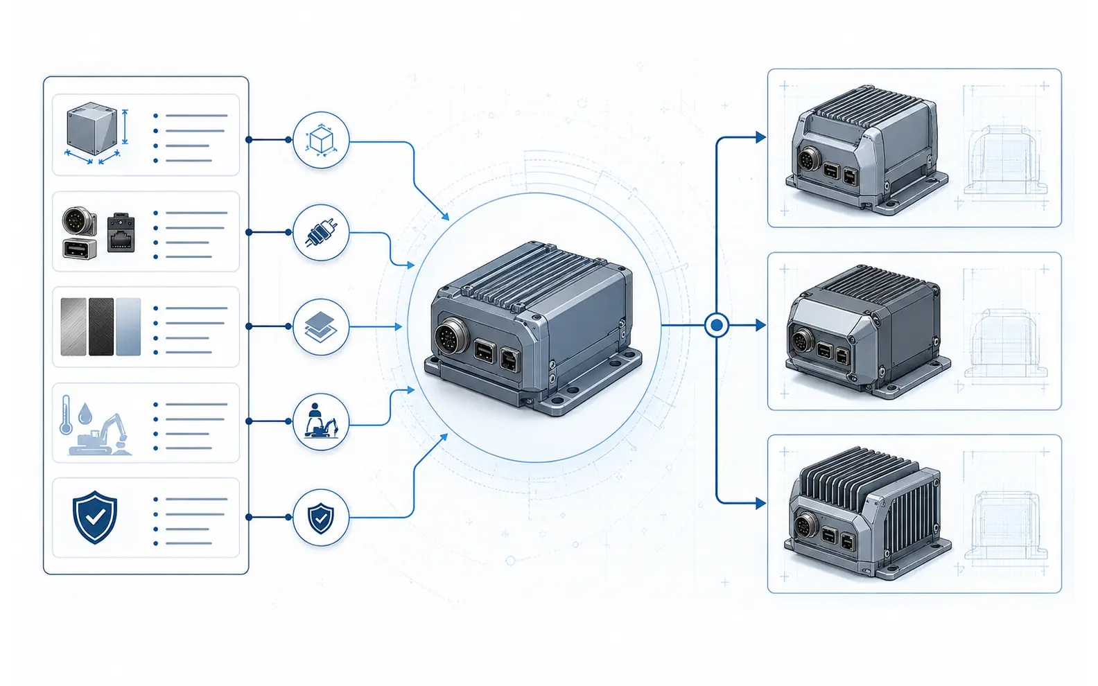 Product development map connecting dimensional, interface, material, user and safety requirements to a central enclosure concept and three testable CAD directions