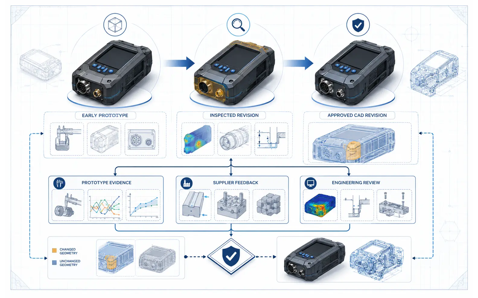 Controlled refinement cycle linking prototype evidence, supplier feedback and engineering review to an approved CAD revision with changed geometry highlighted