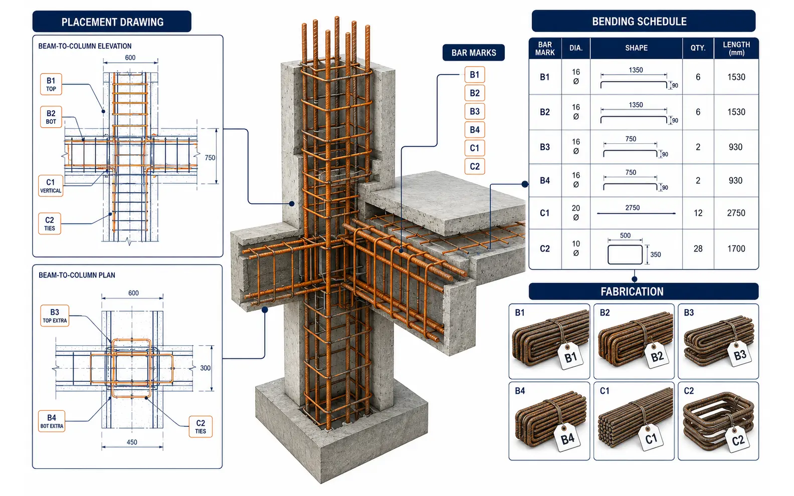 Coordinated beam-column reinforcement package connecting placement drawings, bar marks, bending schedules and tagged fabrication bundles