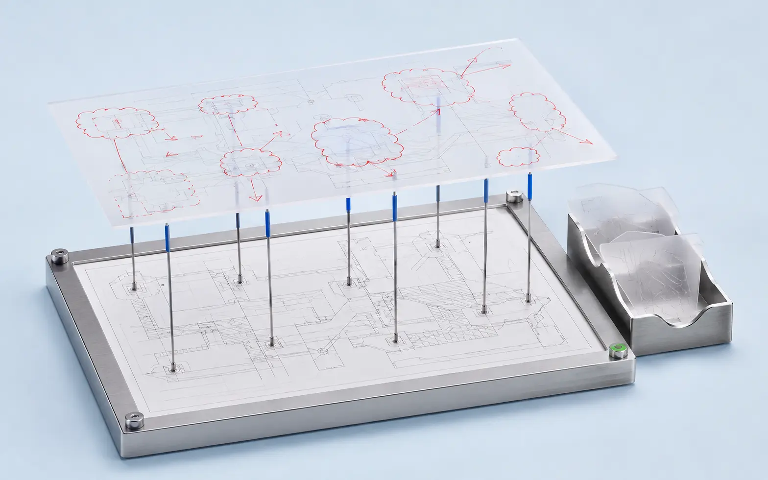 Nine markup instructions precisely linked to their drawing destinations while ambiguous items remain separated for clarification