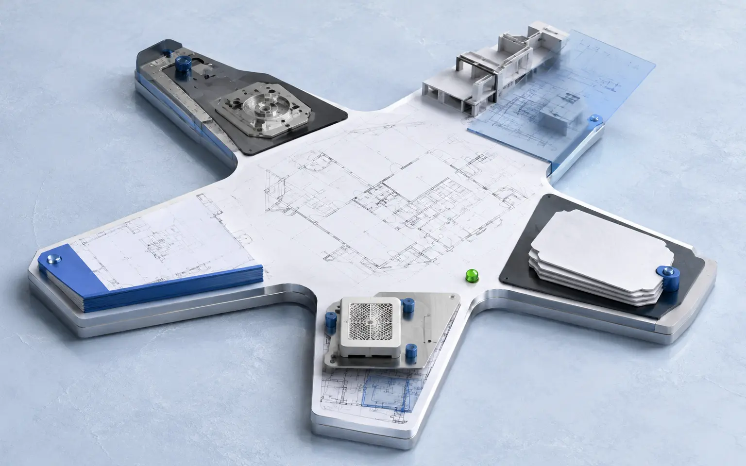 Five connected drafting contexts for design, construction, review, as-marked and recurring drawing revisions