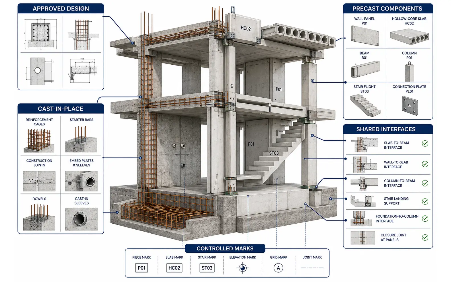 Hybrid cast-in-place and precast concrete structure connecting approved design, reinforcement, components, shared interfaces and controlled element marks