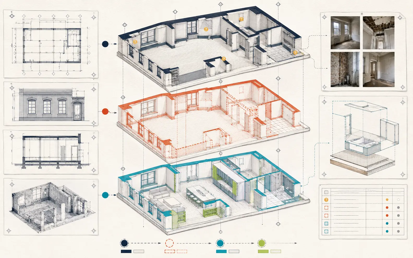 Three coordinated renovation states showing existing conditions, demolition work and proposed construction linked to survey drawings and evidence