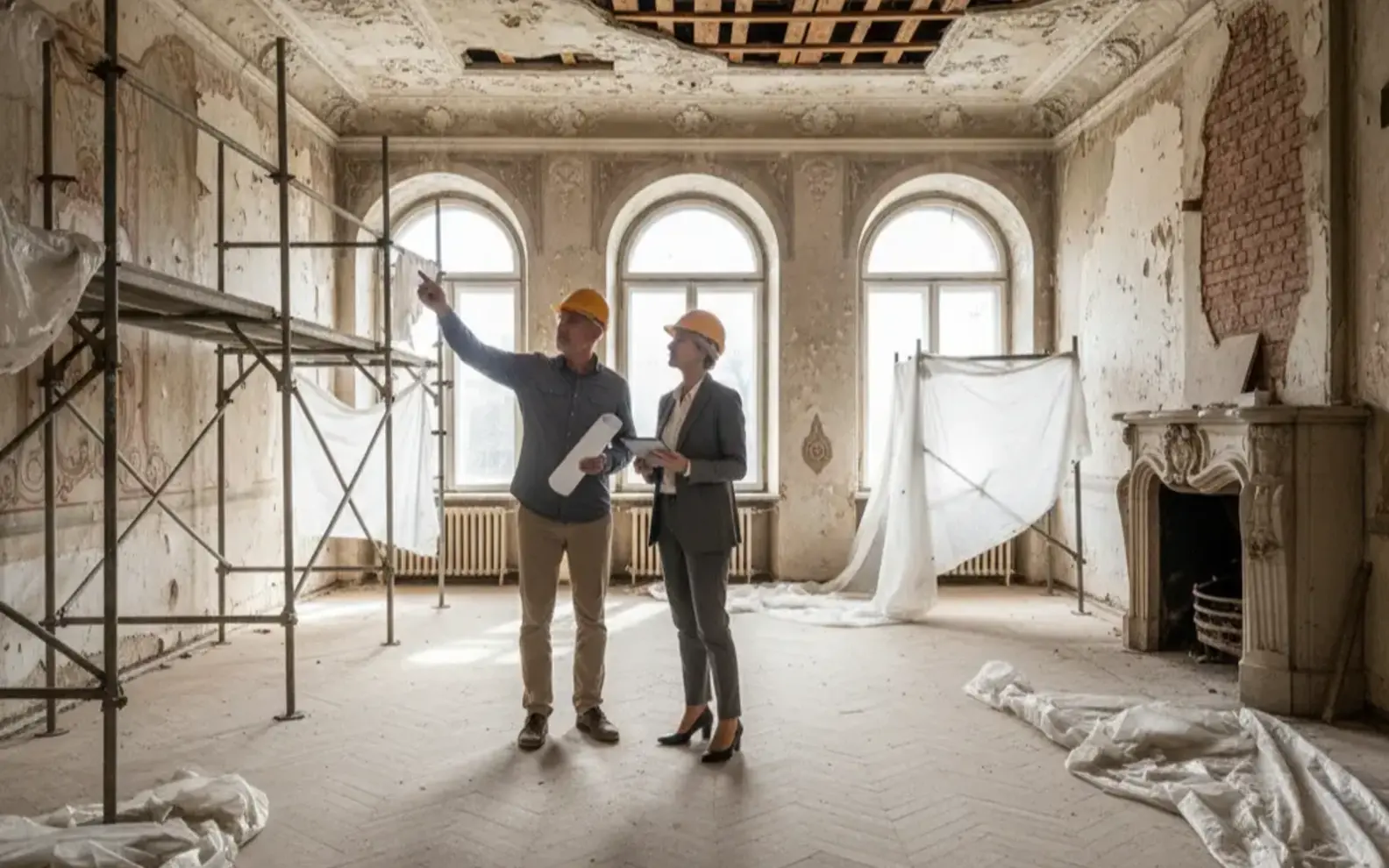 Architectural professionals inspecting the existing condition of a historic interior under renovation