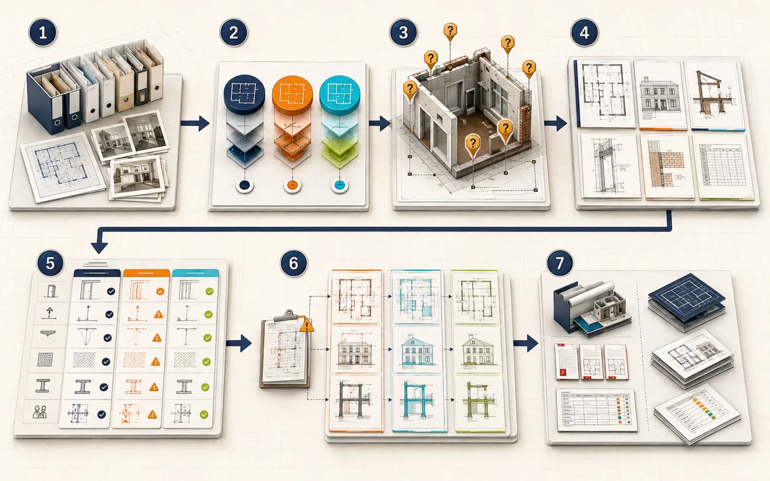 Seven-stage renovation workflow from existing information and project-state rules through coordinated development, interface review, revision propagation and delivery