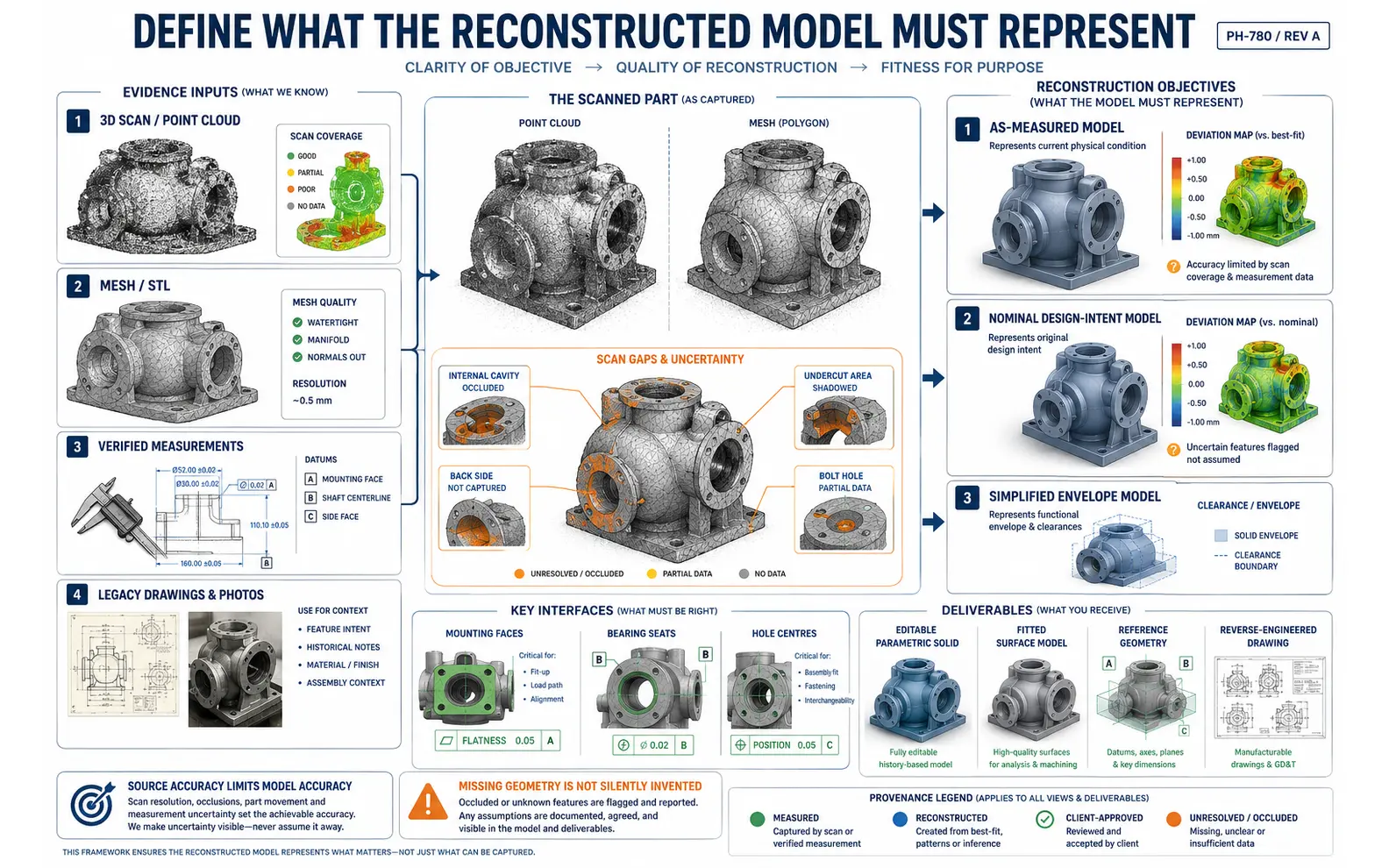 Evidence map connecting scan data, meshes, verified measurements and legacy references to as-measured, nominal-design and simplified-envelope reconstruction objectives