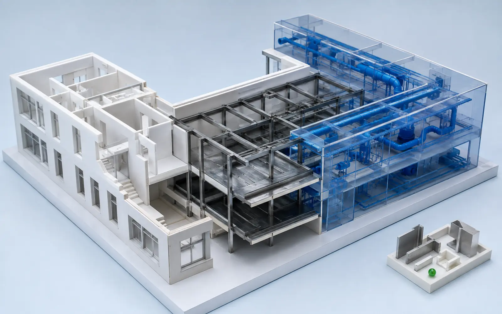 Architectural, structural and MEP model shells coordinated around one shared Revit building framework