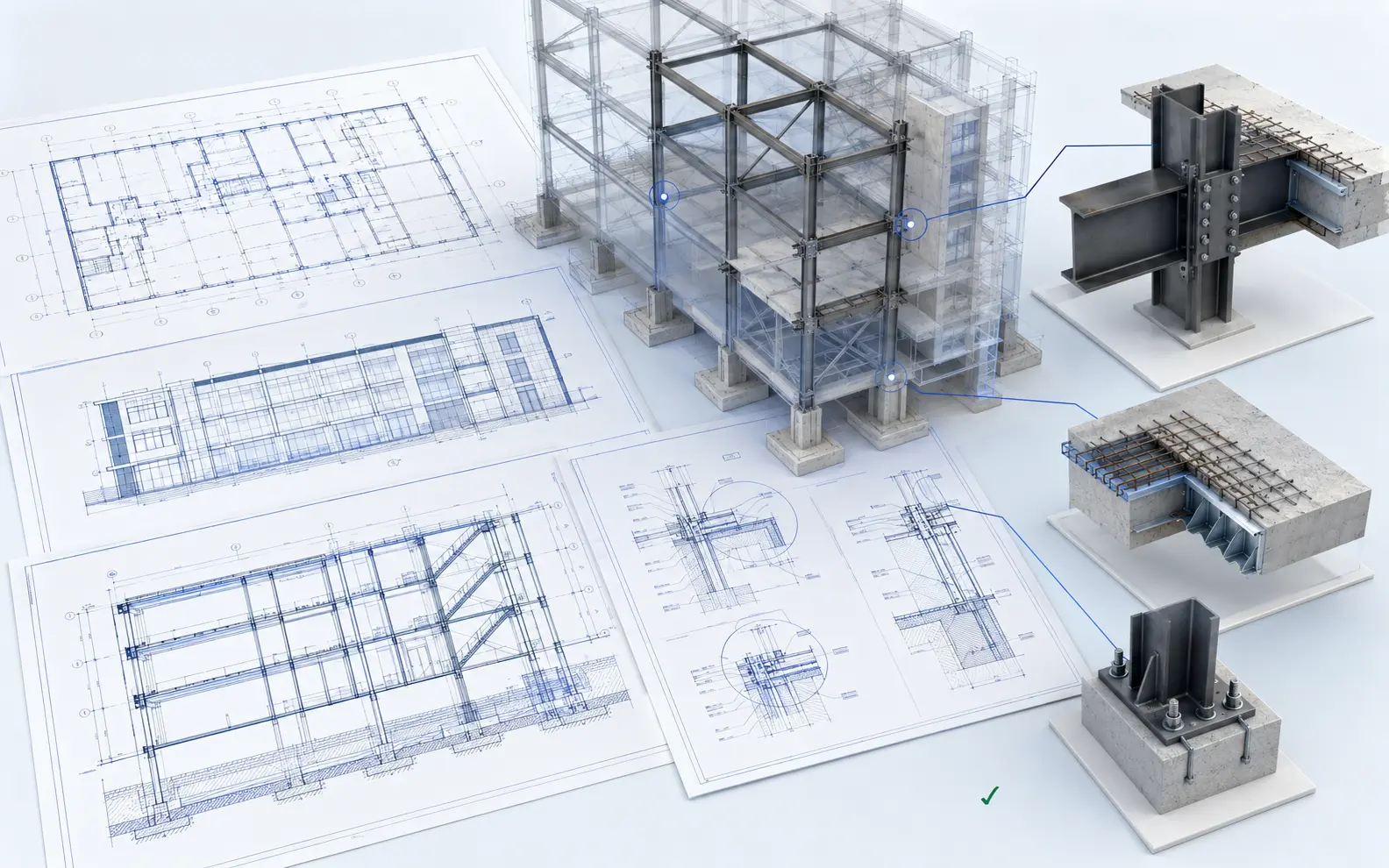 Coordinated architectural drawing set with a structural framing model and connection details