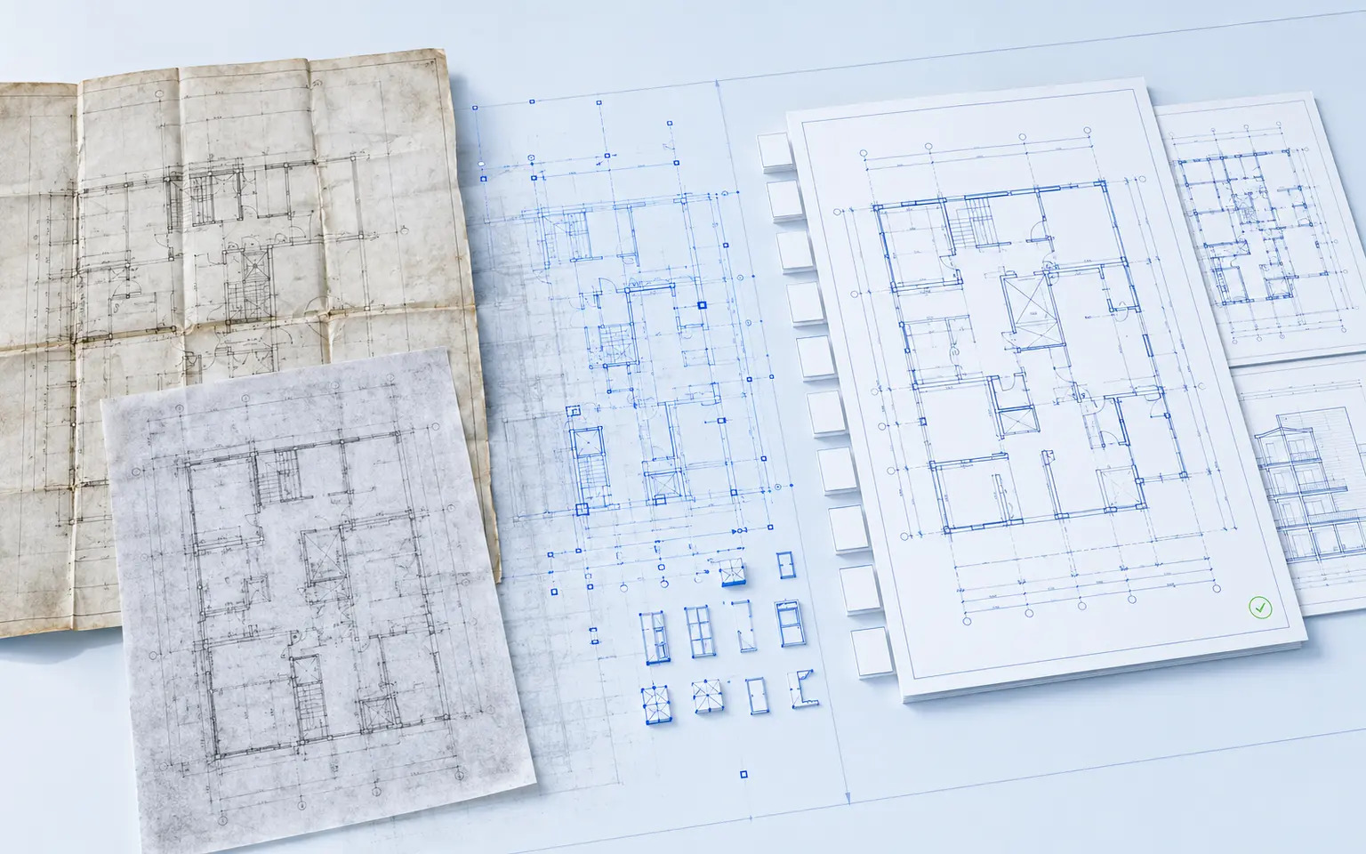 Aged plans and scans transitioning into clean layered and organised CAD drawings