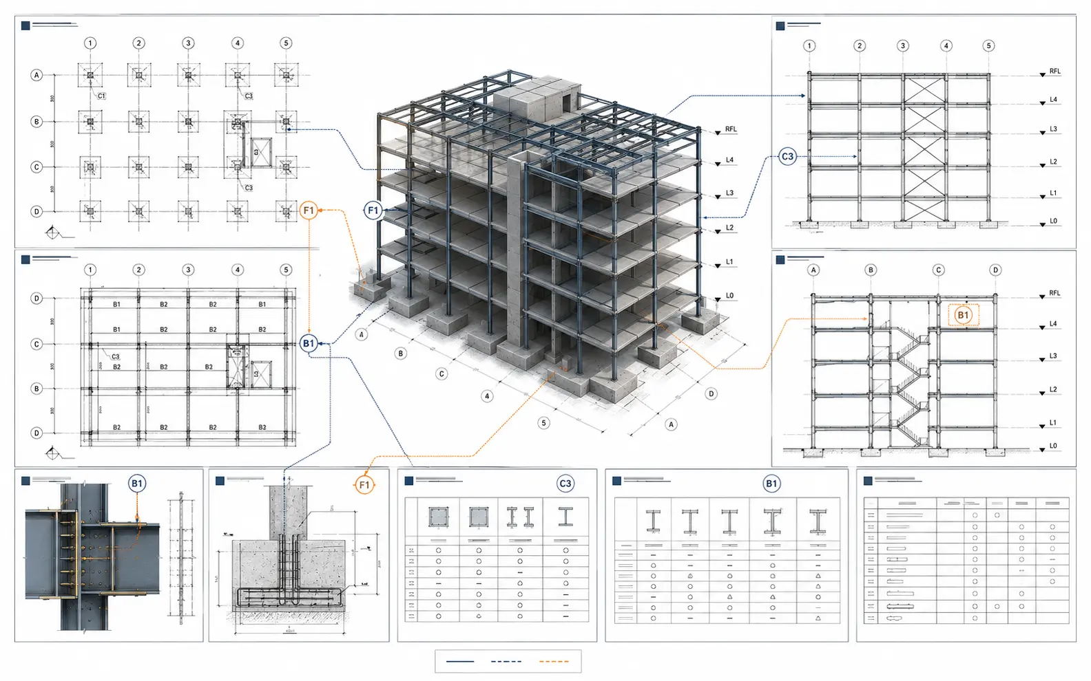 Coordinated structural drawing matrix connecting a building frame to foundation and framing plans, elevations, sections, connection details and member schedules