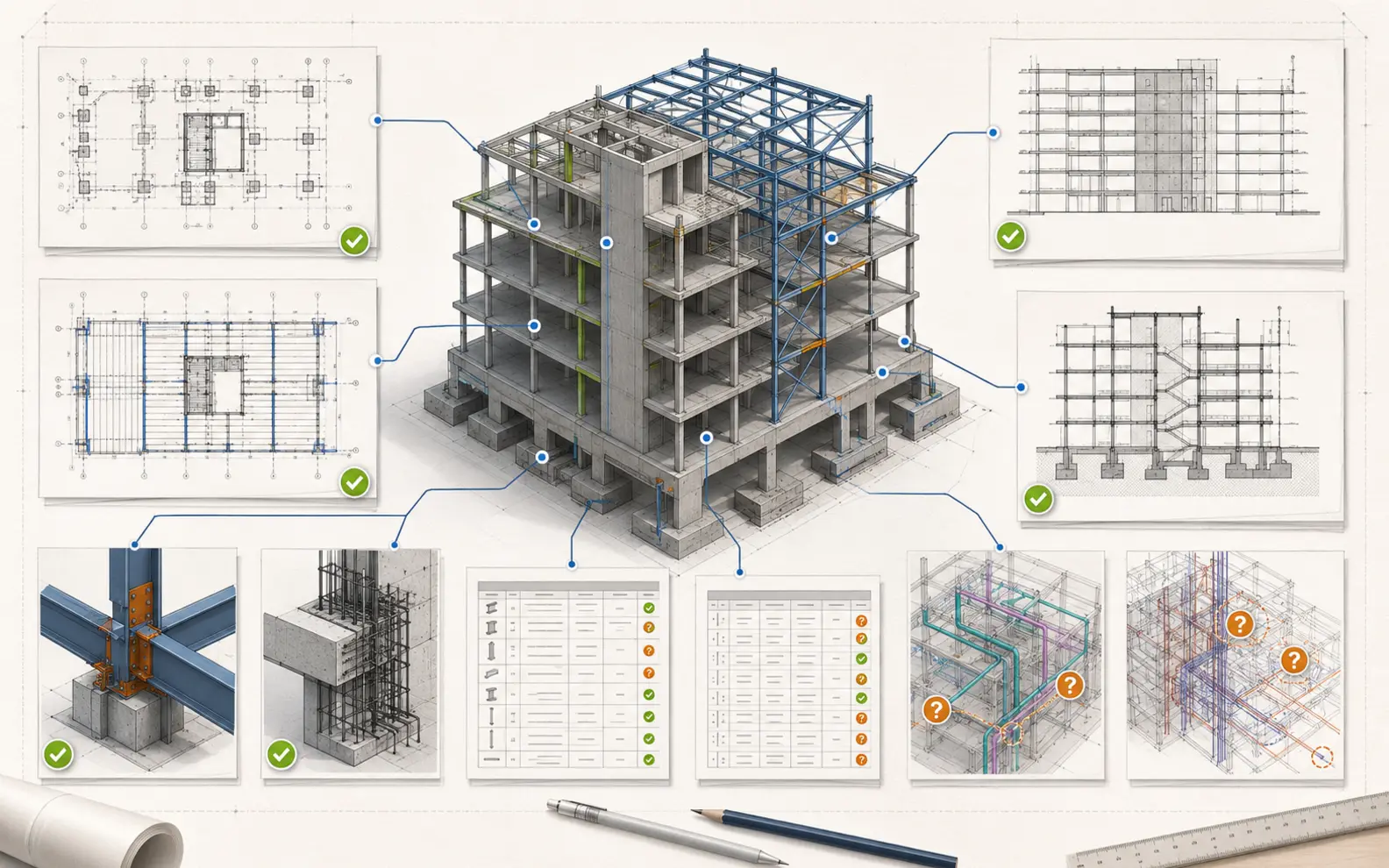 Coordinated structural BIM model connected to foundation and framing plans, elevations, sections, steel and concrete details, schedules and discipline-query overlays