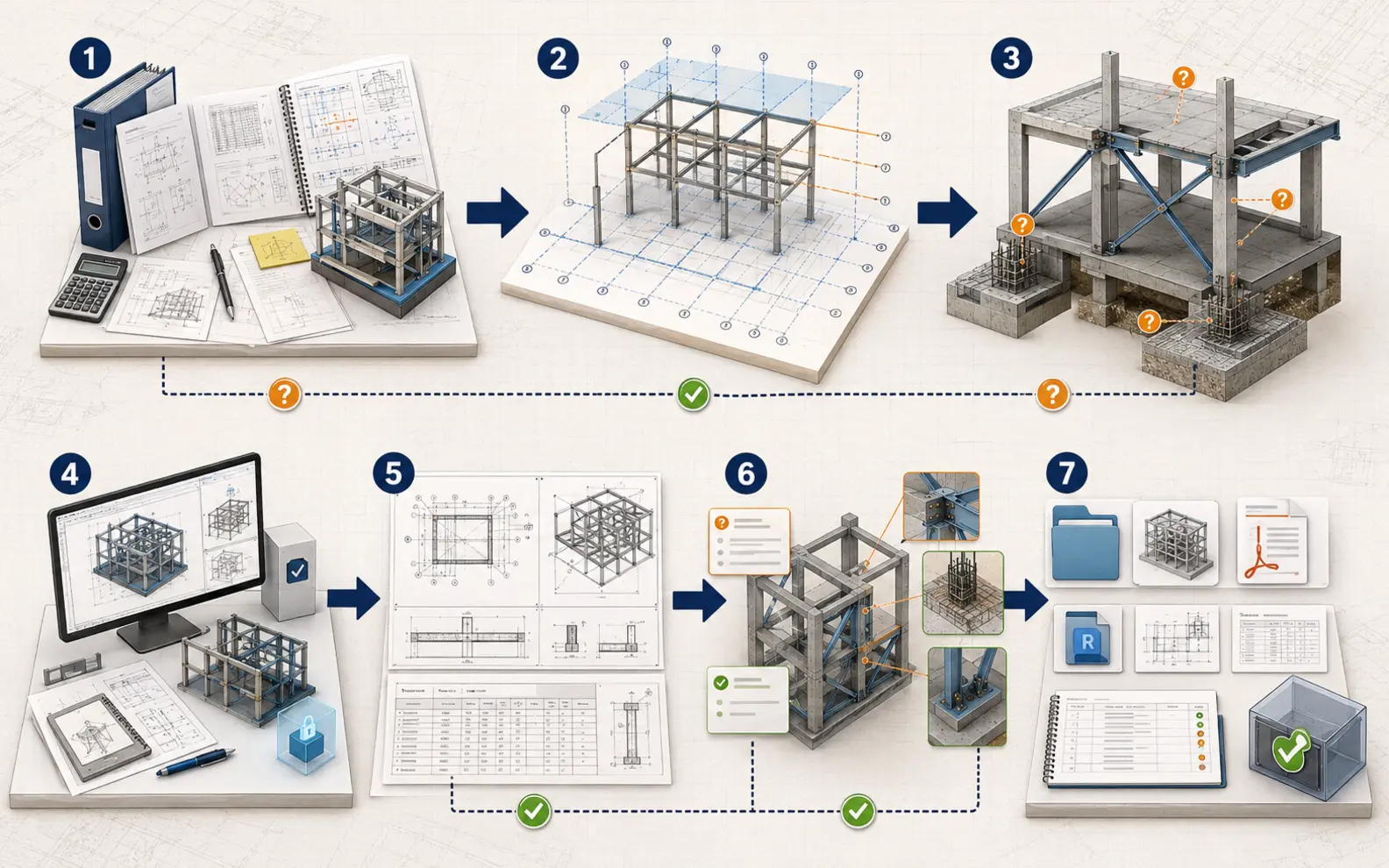 Seven-stage structural production workflow from authorised engineering inputs and framework setup through controlled modeling, coordinated review, engineer-comment incorporation and status-based handover