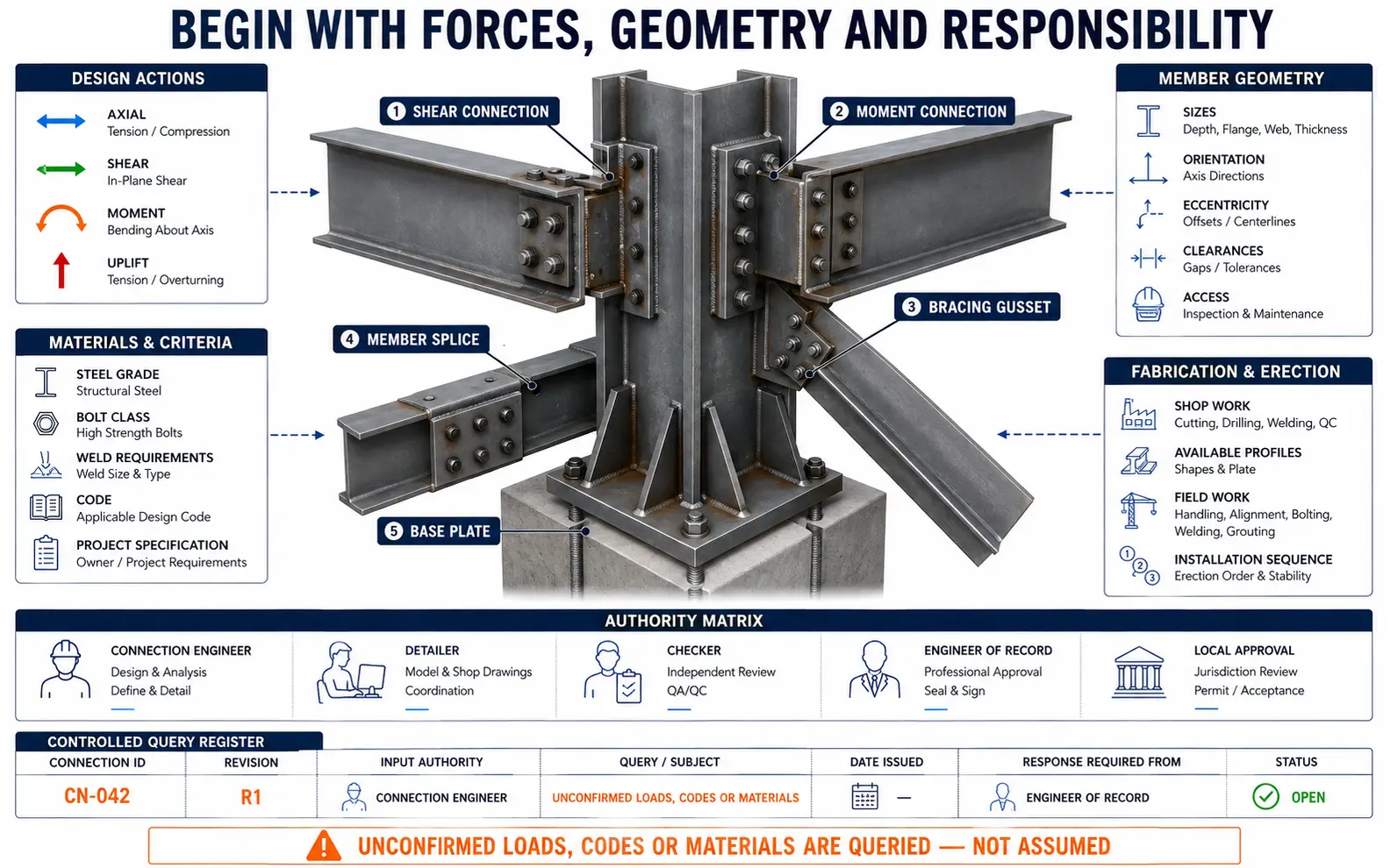 Structural steel connection system linking design actions, member geometry, materials, fabrication requirements and engineering authority to shear, moment, bracing, splice and base-plate joints