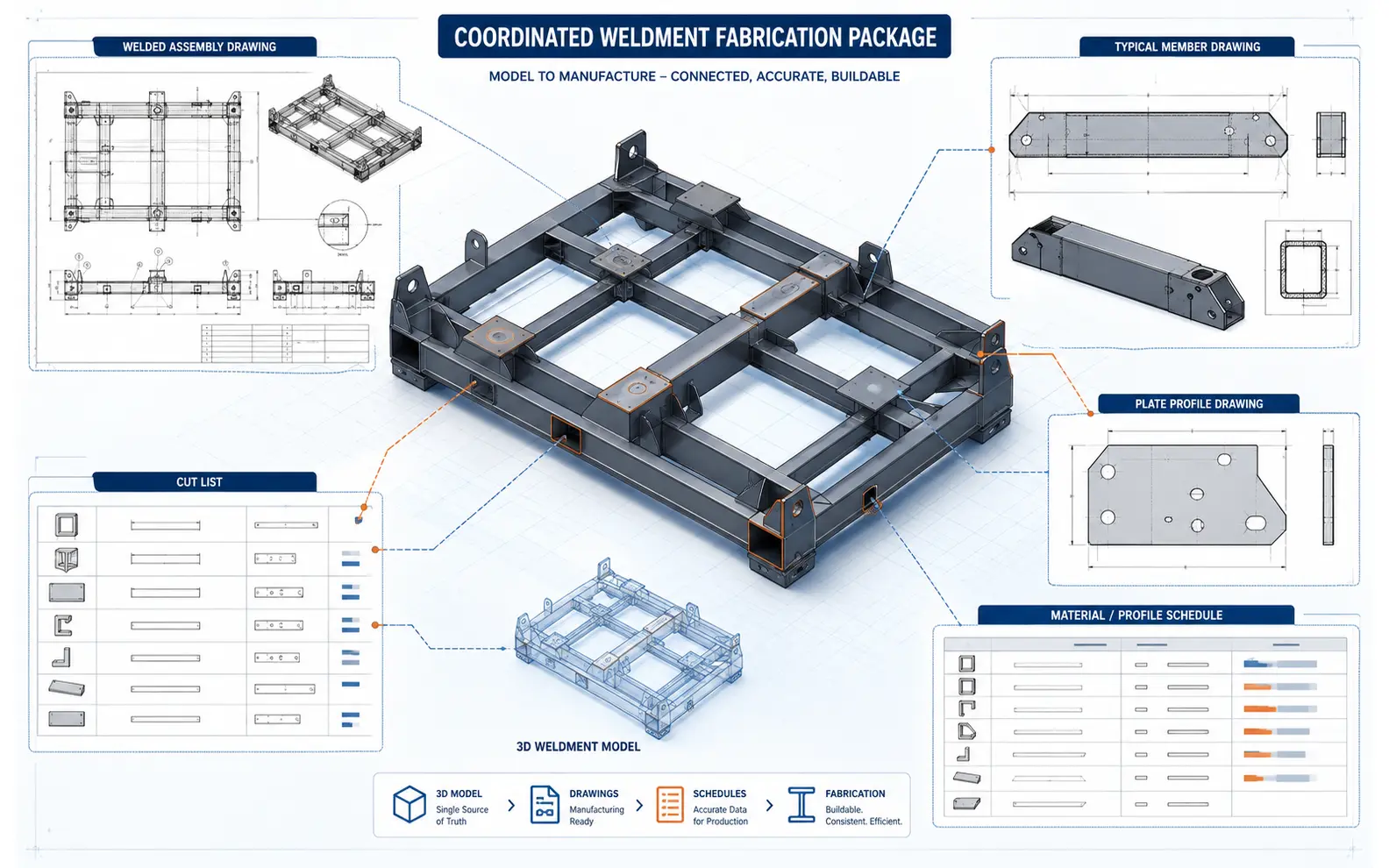 Coordinated weldment package connecting a steel equipment skid model with assembly drawings, member details, plate profiles, cut lists and material schedules