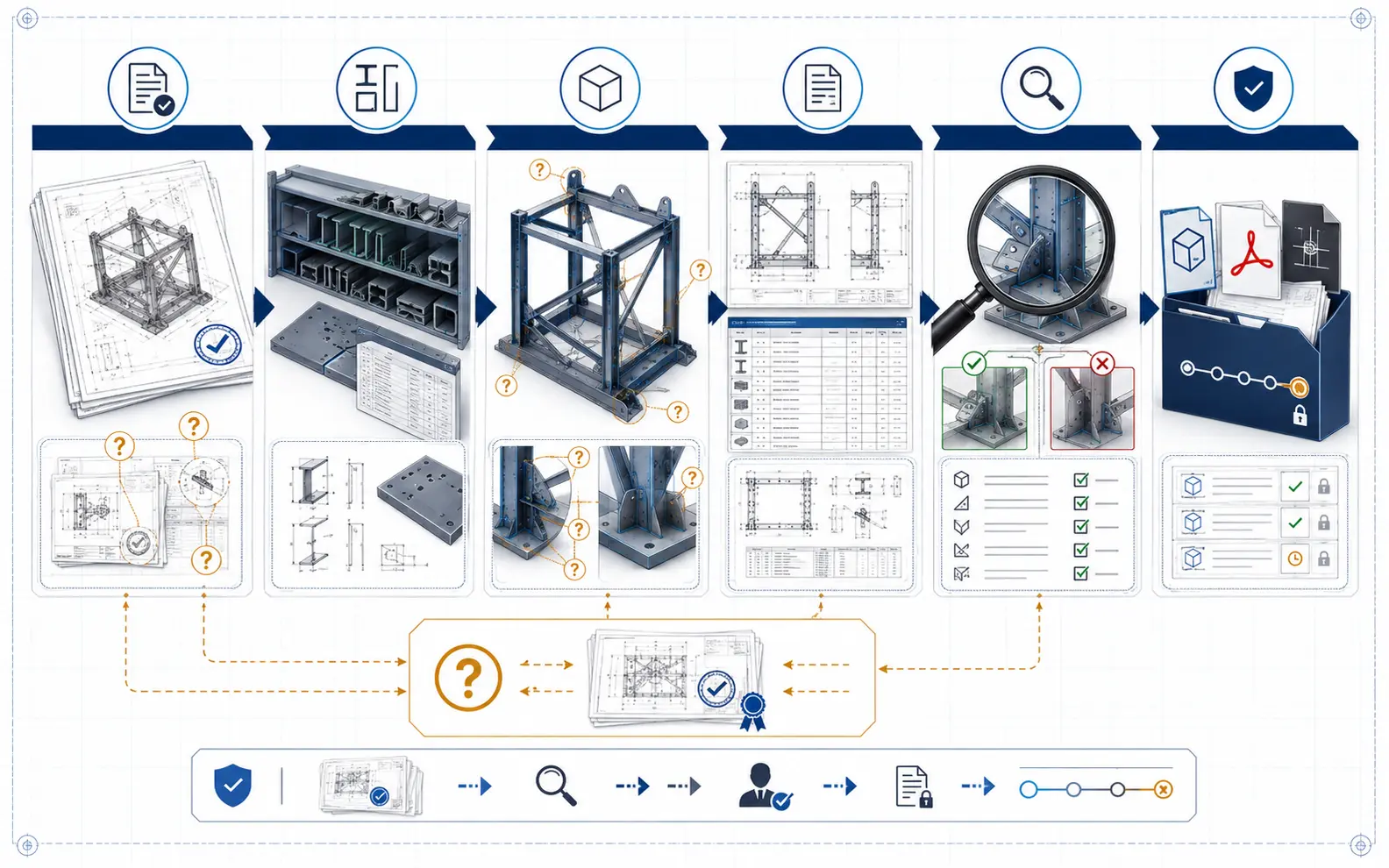Six-stage weldment documentation workflow covering source review, profile setup, modeling, drawing production, human checking and revision-controlled delivery